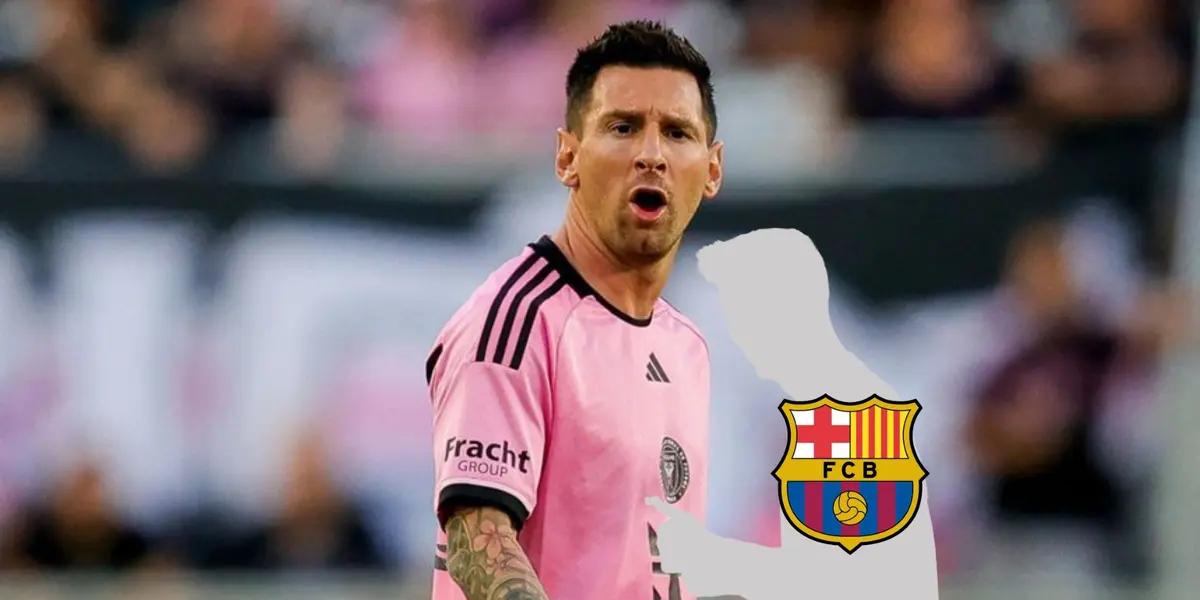 Lionel Messi shouts while wearing an Inter Miami jersey and a mystery player has the FC Barcelona badge on him.
