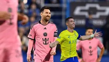 Lionel Messi slightly smiles wearing an Inter Miami kit while Cristiano Ronaldo puts his arms out with an Al Nassr kit on.