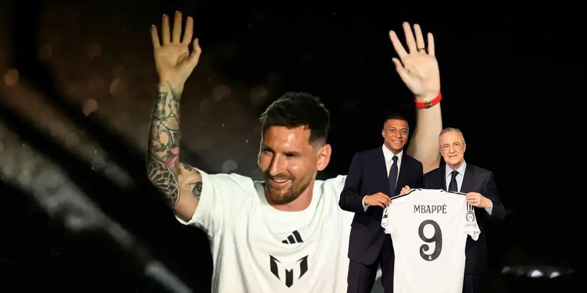 Lionel Messi smiles at the Inter Miami presentation while Kylian Mbappé and Florentino Perez hold the number 9 Mbappé Real Madrid jersey. (Source: Getty Images, Real Madrid)