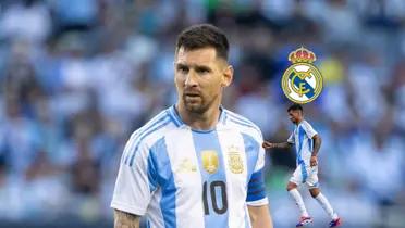 Lionel Messi stares while wearing the Argentina jersey and Cuti Romero runs with the Argentina jersey on, the Real Madrid badge is above him.