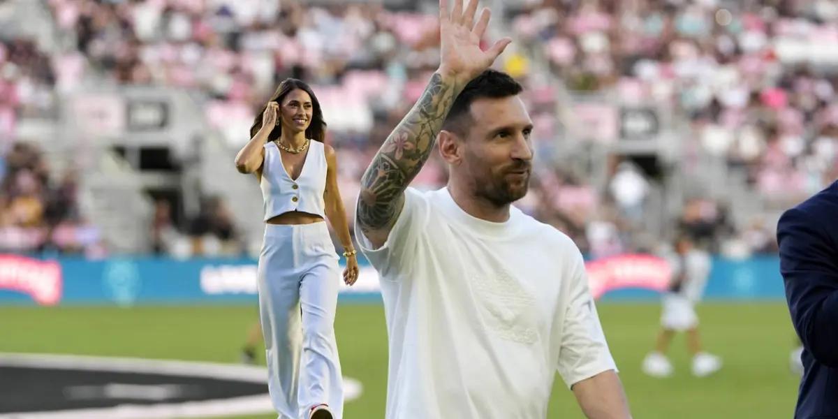 Lionel Messi waves to the Inter Miami fans while Antonela Roccuzzo walks with a white outfit. (Source: AP Photo, Instagram)
