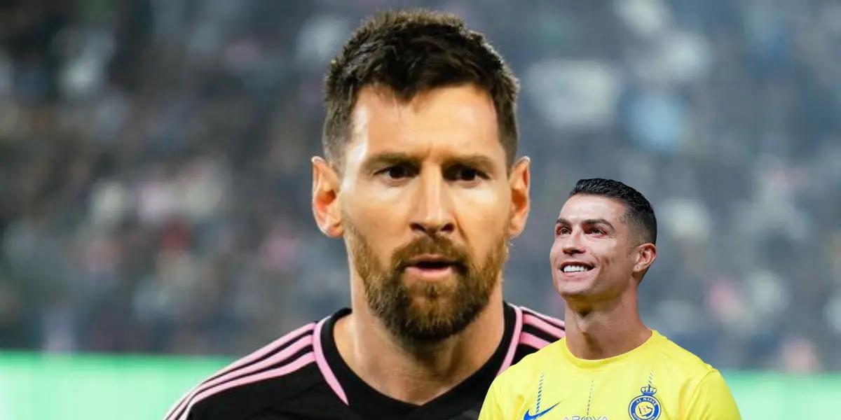 Lionel Messi wears the away Inter Miami kit and Cristiano Ronaldo smiles with an Al Nassr home shirt.