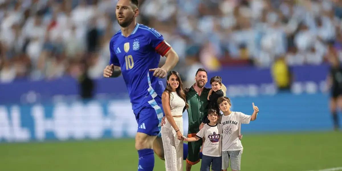 Lionel Messi wears the dark blue Argentina jersey while a picture of Messi and his family is below him.