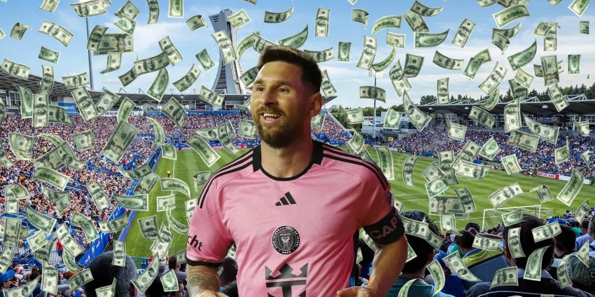 Lionel Messi while he is wearing an Inter Miami shirt with the background of the CF Montreal stadium.