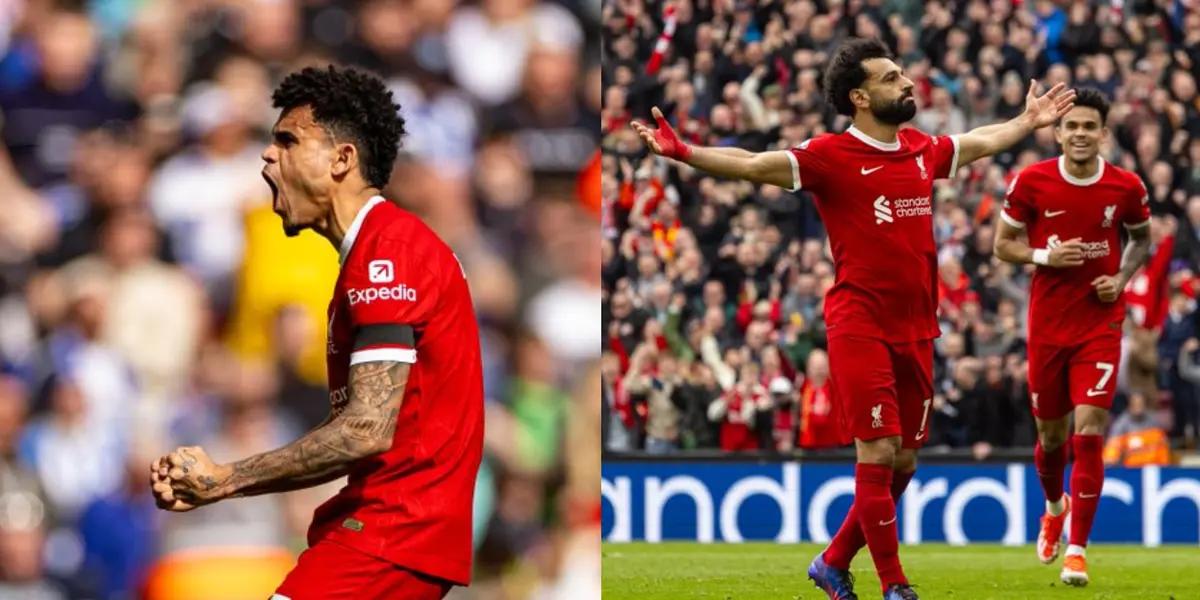 Luis Diaz and Mohamed Salah celebrate their goals that give Liverpool the win at Anfield.