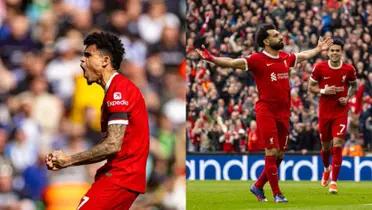 Luis Diaz and Mohamed Salah celebrate their goals that give Liverpool the win at Anfield.