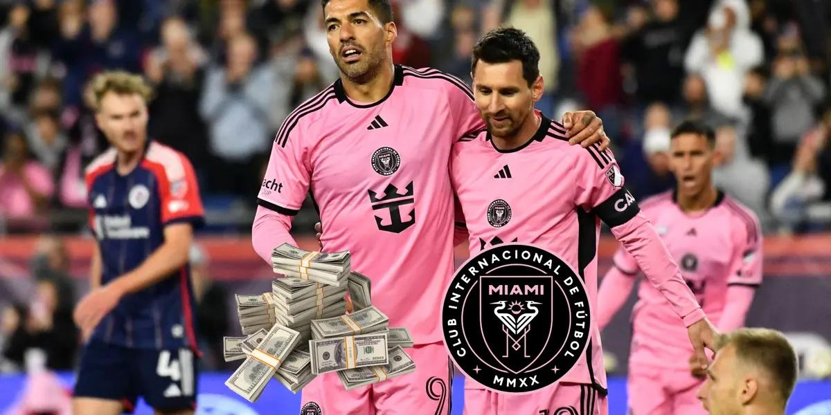 Luis Suarez and Lionel Messi hug each other after an Inter Miami goal; a stack of money and the Inter Miami badge is below them.