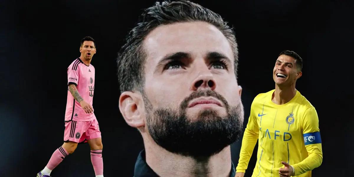 Nacho Fernandez looks up while Lionel Messi and Cristiano Ronaldo are next to him.