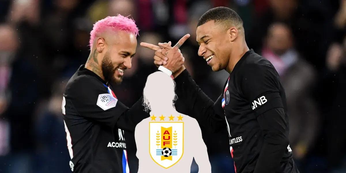 Neymar and Kylian Mbappé smile and celebrate together while being at PSG; the mystery player as the badge of the Uruguay national team.