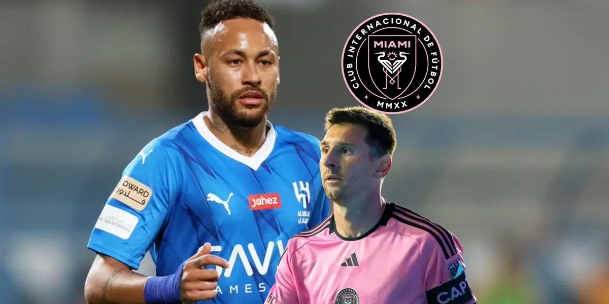 Neymar is wearing the Al Hilal jersey while Lionel Messi wears the Inter Miami jersey; the Inter Miami badge is near to them.