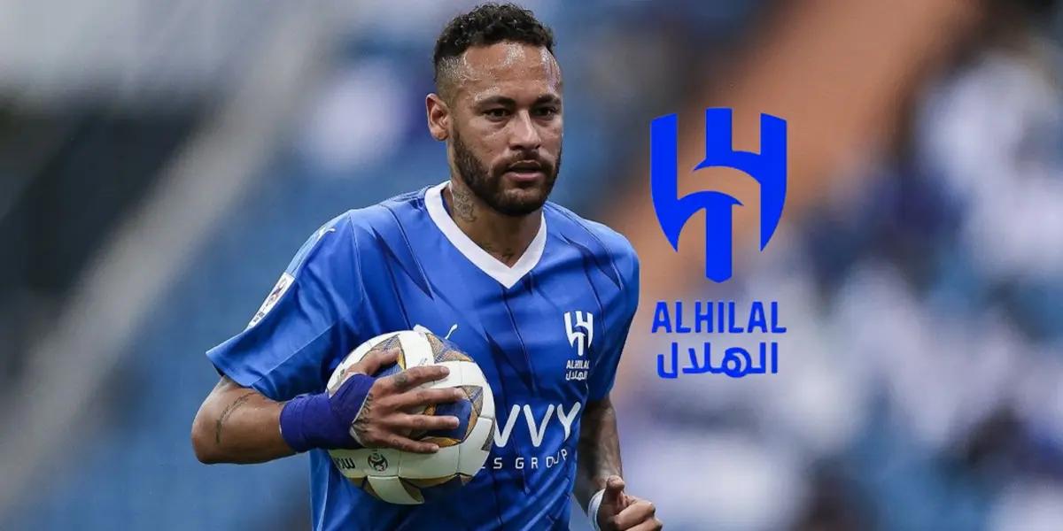 Neymar Jr. holds a ball while wearing the Al Hilal jersey and the Al Hilal logo is next to him.
