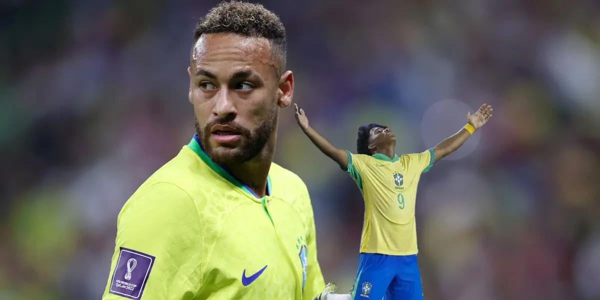 Neymar Jr. looks back while Endrick goes on down on his knees and puts his arm out; they both are wearing the Brazilian national team jerseys.