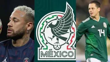 Neymar Jr with PSG jersey, the Mexico national team badge and Javier Hernández with Mexico jersey.