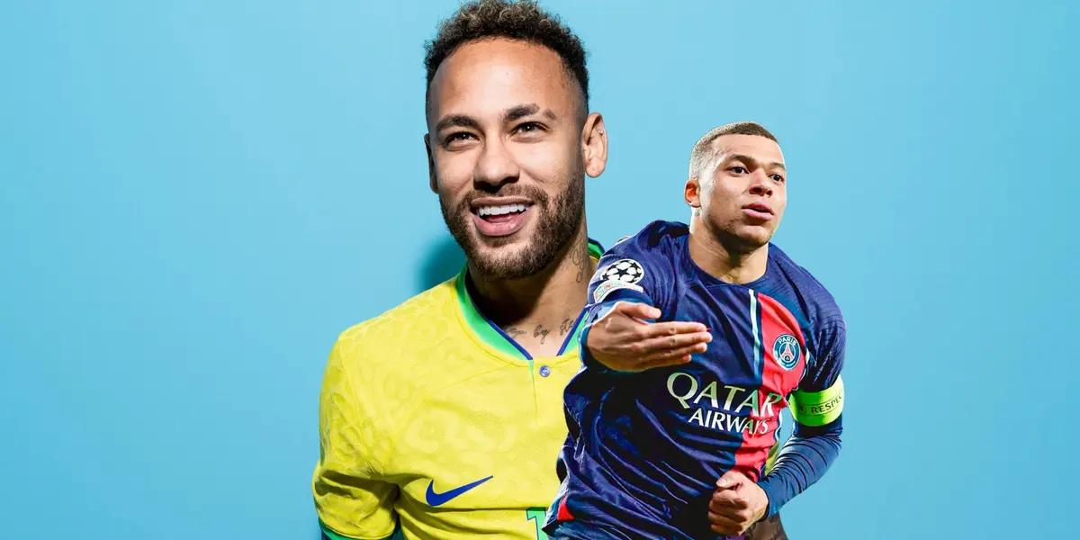 Neymar smiles while wearing a Brazil jersey and Kylian Mbappé celebrates his goal with PSG.