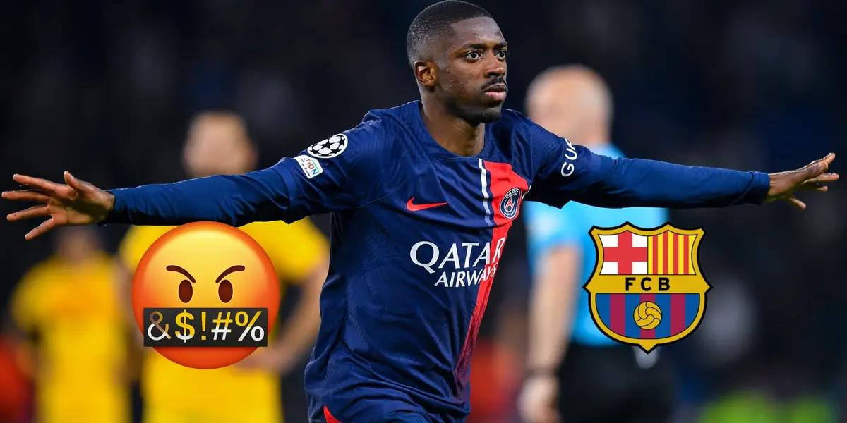 Ousmane Dembele celebrates his goal for PSG against FC Barcelona at the Parc des Princes.