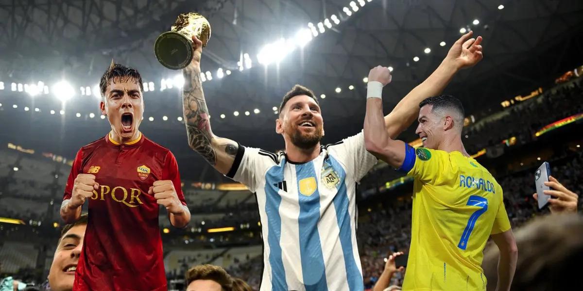 Paulo Dybala shouts with an AS Roma jersey while Lionel Messi lifts the World Cup trophy with an Argentina jersey; Cristiano Ronaldo smile with a fist up & an Al Nassr jersey.