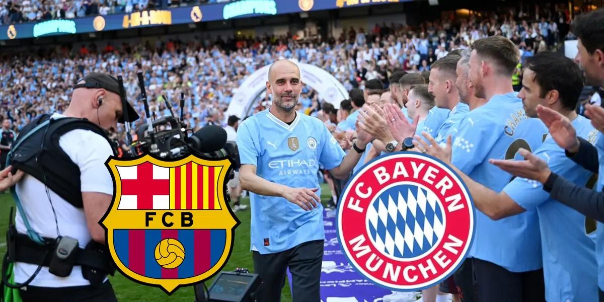 Pep Guardiola gives hive fives to his staff member at Manchester City while wearing a Man City jersey; FC Barcelona and Bayern Munich logos are below.