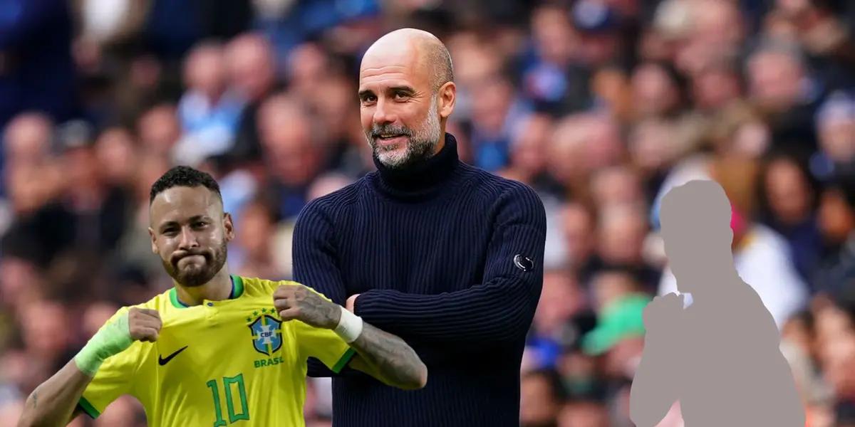 Pep Guardiola smiles in a Manchester City game from the touchlines.