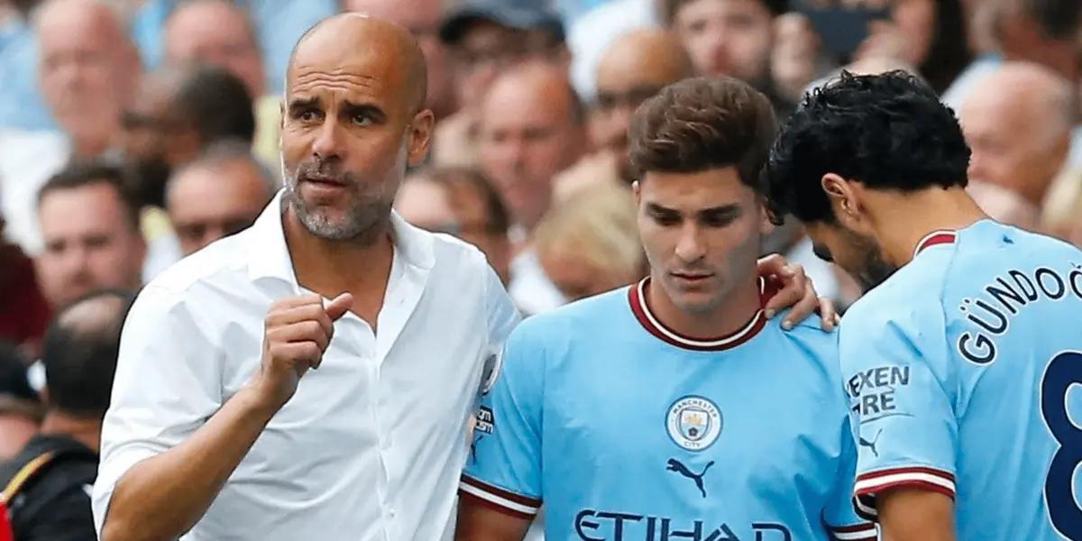 Pep Guardiola's reaction to Julian Alvarez scoring for Manchester City