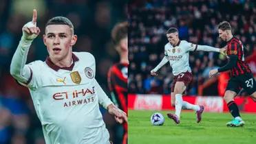 Phil Foden scores the opener for Manchester City against Bournemouth.