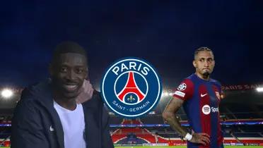 PSG's Ousmane Dembele smiles as his team beats FC Barcelona while Raphinha is upset.