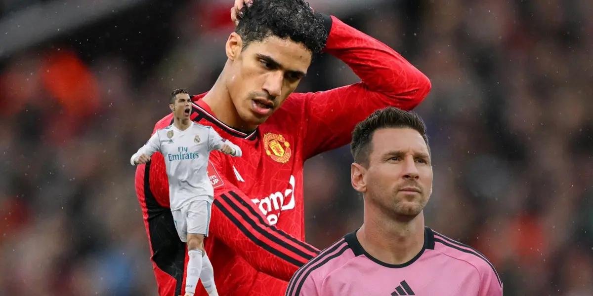 Raphael Varane scratches his head while wearing the Man United jersey; Cristiano Ronaldo is wearing the Real Madrid jersey and Lionel Messi wears the Inter Miami jersey.