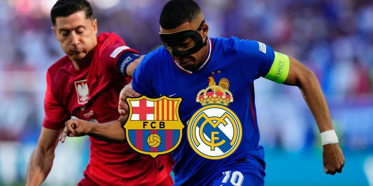 Robert Lewandowski and Kylian Mbappé battle for the ball as the FC Barcelona and Real Madrid badges are below them. (Source: Barca Universal X)