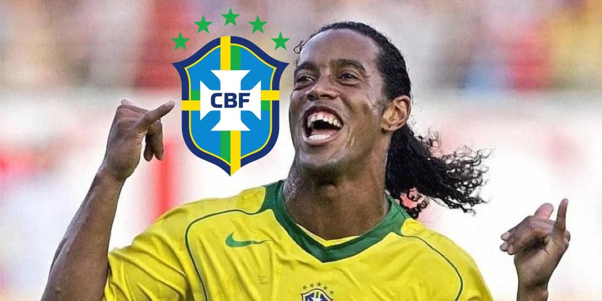 Ronaldinho Gaucho smiles as he celebrates a goal while wearing the Brazil jersey; the Brazilian national team badge is next to him.