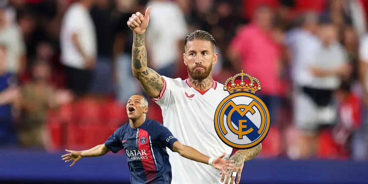 Sergio Ramos gives a thumbs up with Sevilla while Kylian Mbappé celebrates a goal with PSG.