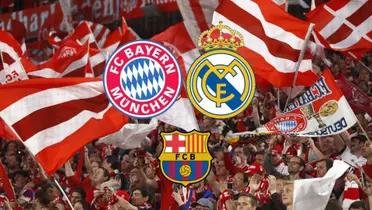 The badges of Bayern Munich, Real Madrid, and FC Barcelona with the background of Bayern fans.