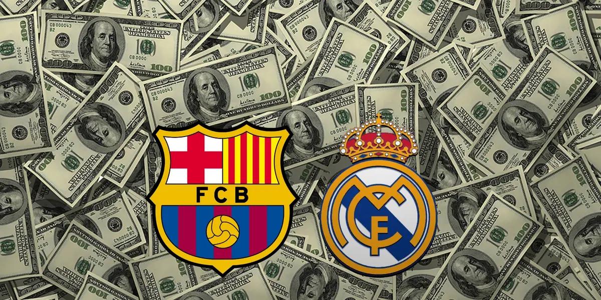 The badges of FC Barcelona and Real Madrid in front of loads of cash.