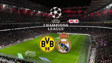 The Borussia Dortmund and Real Madrid badges are below the Champions League logo; the background is Wembley Stadium at night.