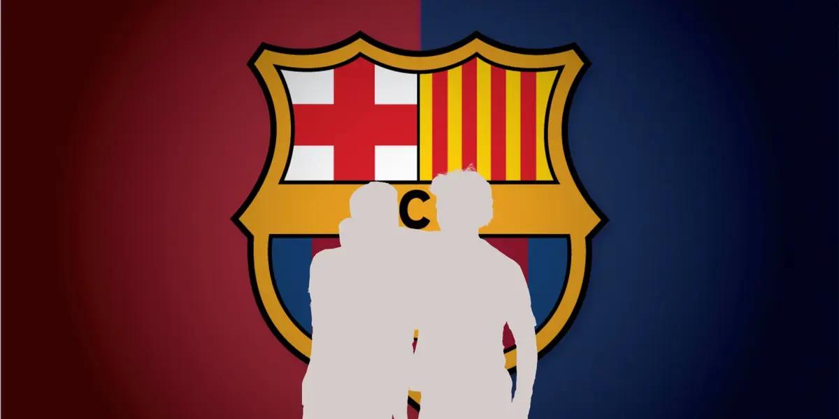 The FC Barcelona logo is in the background while two mystery players are hugging each other to celebrate a goal. (Source: FC Barcelona X)