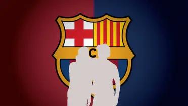 The FC Barcelona logo is in the background while two mystery players are hugging each other to celebrate a goal. (Source: FC Barcelona X)