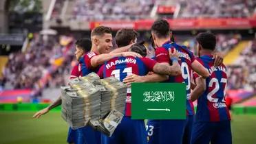 The FC Barcelona team celebrates together while a stack of cash and the Saudi Arabia flag is below them.