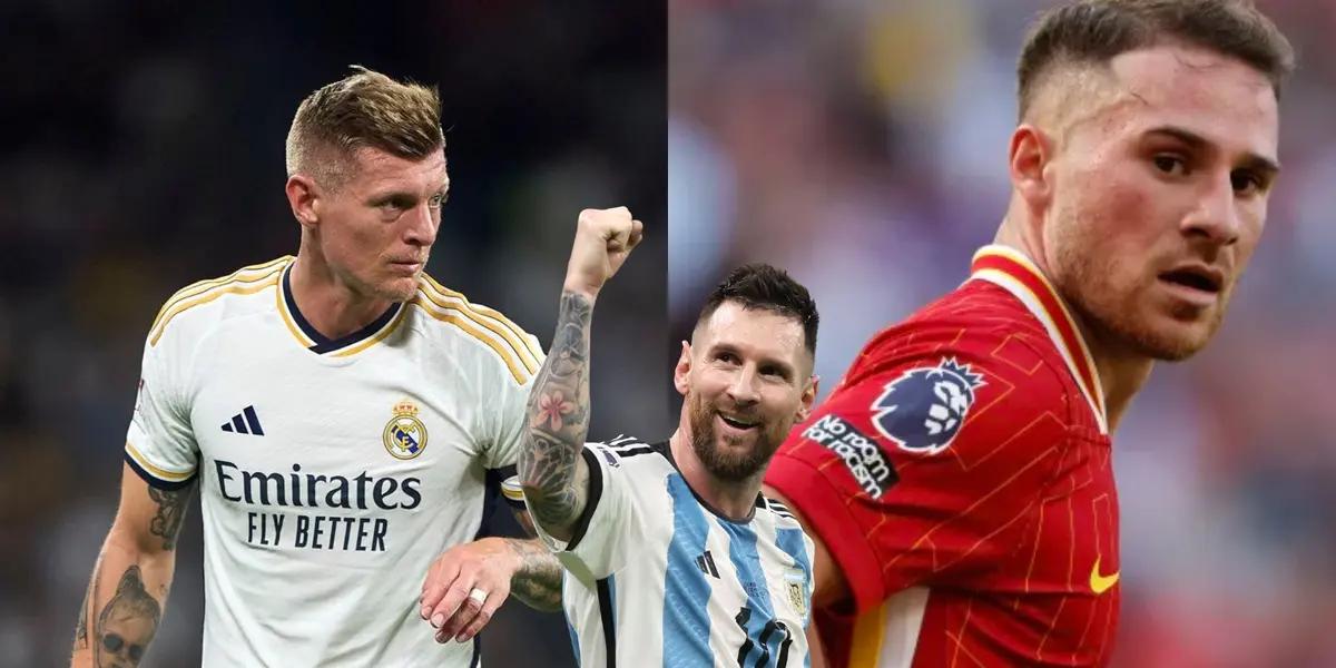 Toni Kroos is wearing the Real Madrid jersey while Mac Allister wears the new Liverpool jersey; Lionel Messi is in between of them.