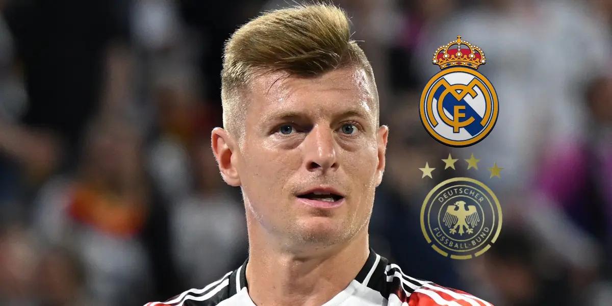 Toni Kroos looks tired as he wears the Germany jersey while the Real Madrid and the Germany national team badges are next to him. (Source: Fabrizio Romano X)