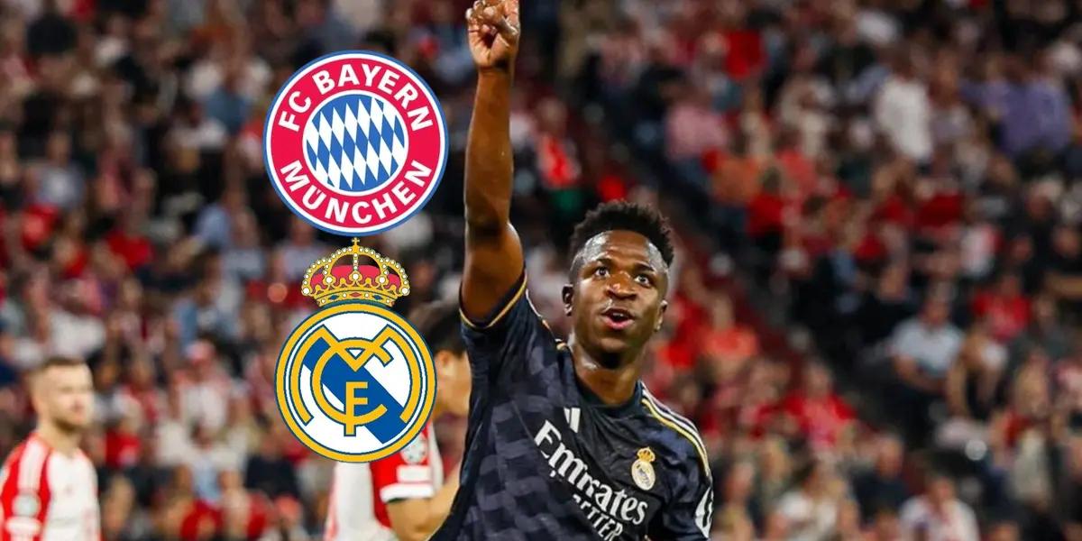 Vinicius Jr celebrates his goal against Bayern Munich at the Allianz Arena.