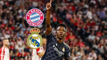 Vinicius Jr celebrates his goal against Bayern Munich at the Allianz Arena.