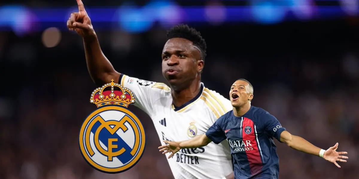 Vinicius Jr. points up with a Real Madrid jersey while Kylian Mbappé opens his arms out with a PSG jersey; there is a Real Madrid badge next to them.
