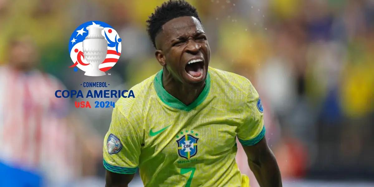 Vinicius Jr. screams as he represents the Brazilian national team and the Copa America logo is next to him. (Source: CONMEBOL, GingaBonitoHub X)