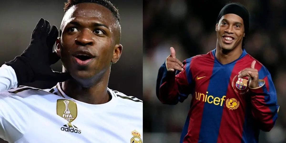 Vinicius Jr. with the Real Madrid jersey and Ronaldinho with FC Barcelona jersey.