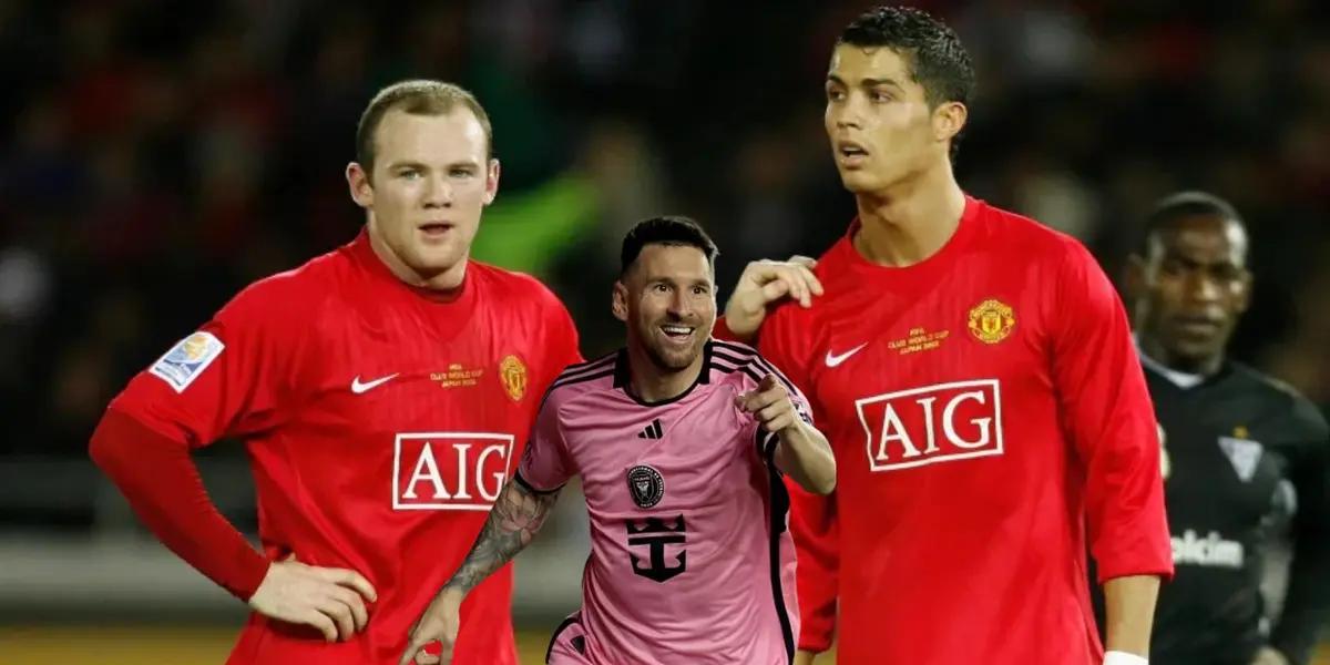 Wayne Rooney and Cristiano Ronaldo are together wearing Manchester United jerseys while Lionel Messi smiles and points while wearing an Inter Miami jersey.