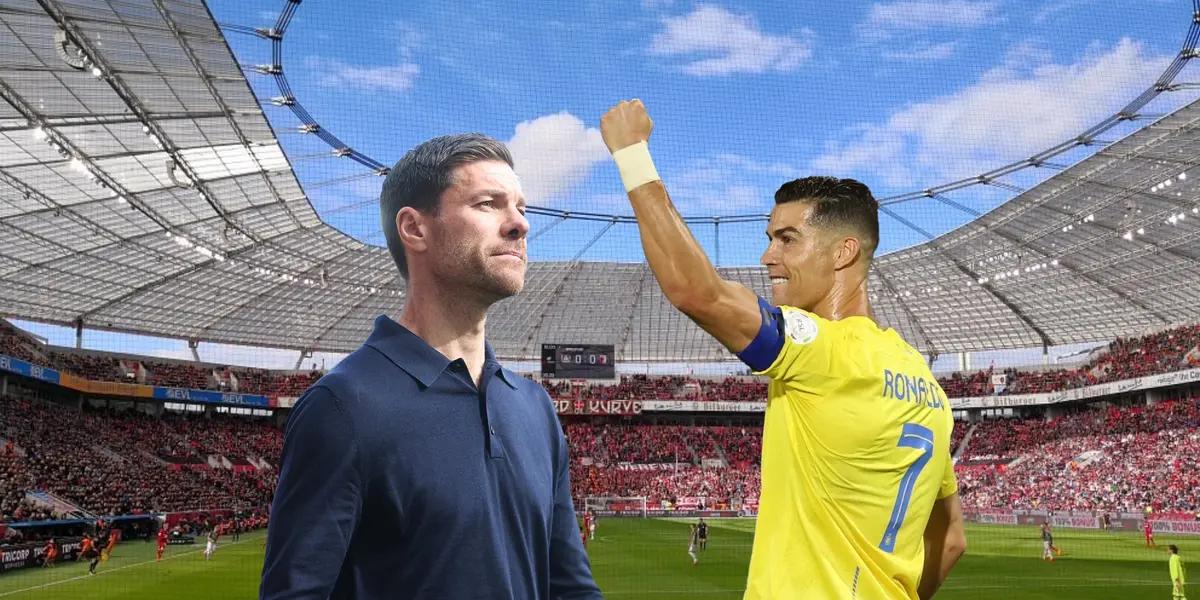 Xabi Alonso looks serious as the Leverkusen coach while Cristiano Ronaldo celebrates with Al Nassr.