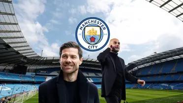 Xabi Alonso smiles as Bayer Leverkusen coach while Pep Guardiola smiles as Man City coach.