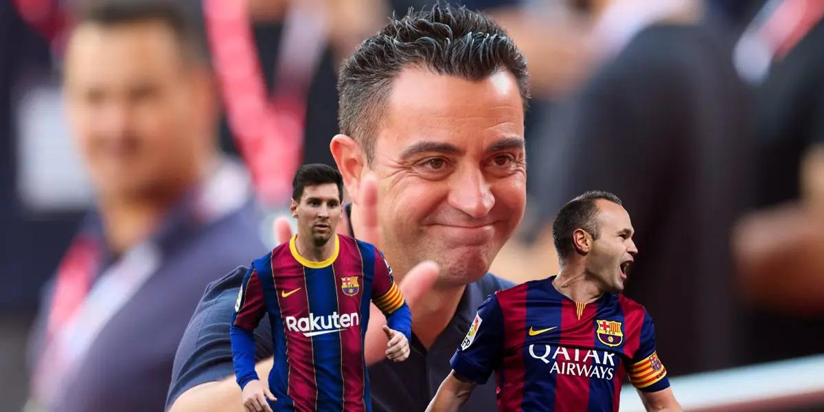 Xavi smiles as the FC Barcelona manager; Messi is serious with the Barca jersey and Iniesta screams with a Barca jersey.