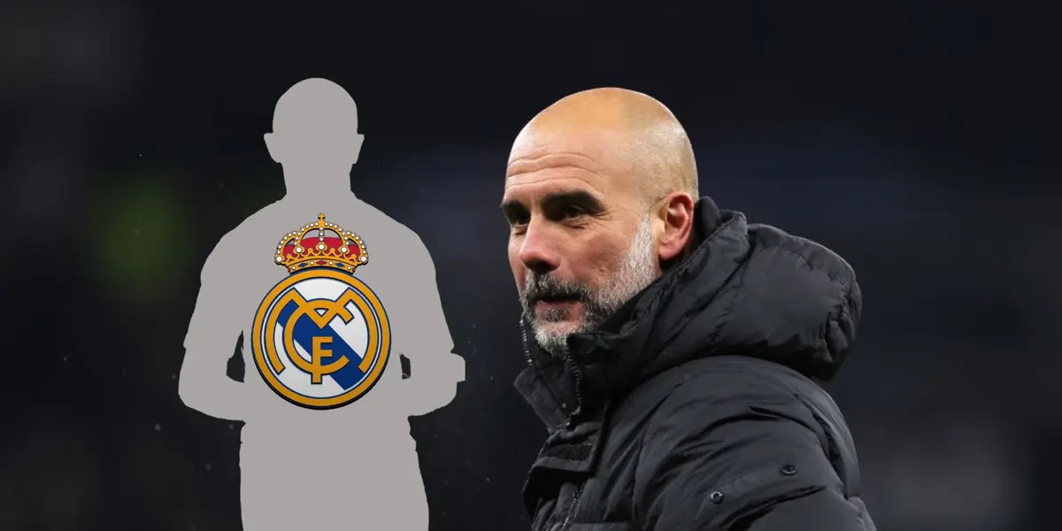 A mystery man with a Real Madrid logo on it while Pep Guardiola looks straight with a black jacket.