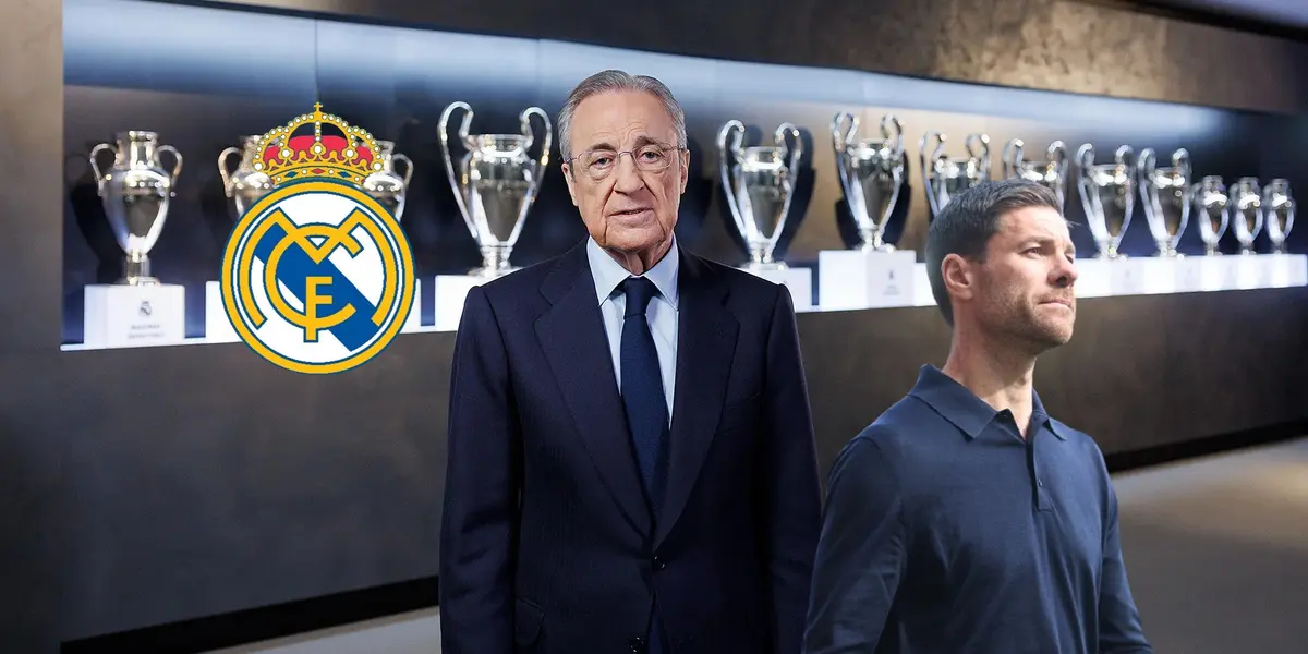 A Real Madrid logo next to Florentino Perez in the Real Madrid museum filled with Champions League titles; Xabi Alonso looks up with a plain shirt.