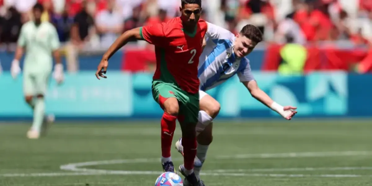 Achraf Hakimi and Julian Alvarez battle for the ball in the Summer Olympics in Paris. (Source: Al Jazeera)