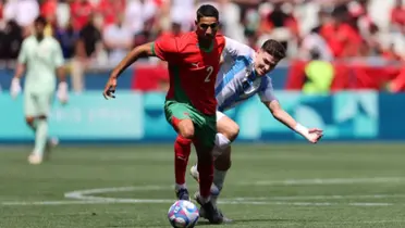 Achraf Hakimi and Julian Alvarez battle for the ball in the Summer Olympics in Paris. (Source: Al Jazeera)